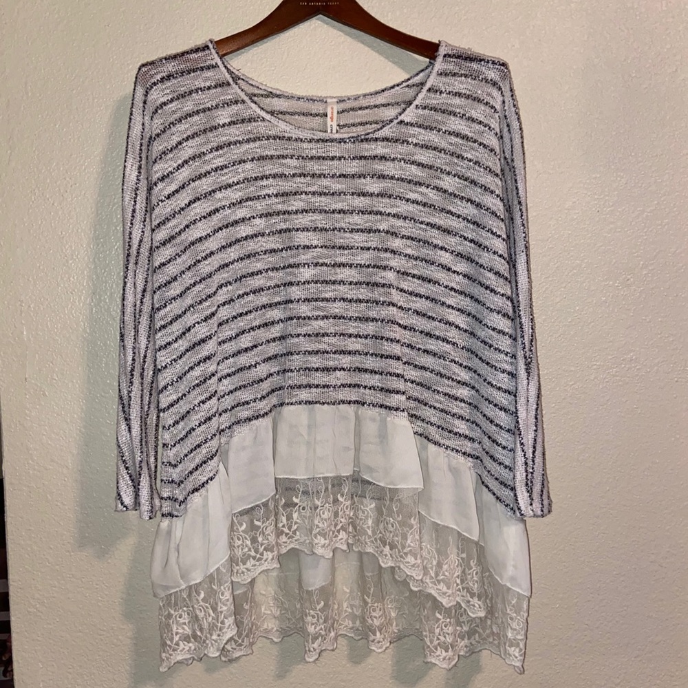 Orange Creek striped lace blouse casual flowy top